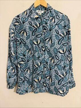 VTG Bogari Blue Silk Paisley Floral Button-Up Shirt size S Cottagecore Boho Chic
